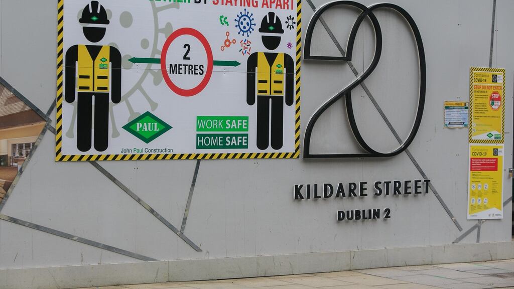 Social distancing signage in Dublin City Centre. Photograph:Gareth Chaney/Collins