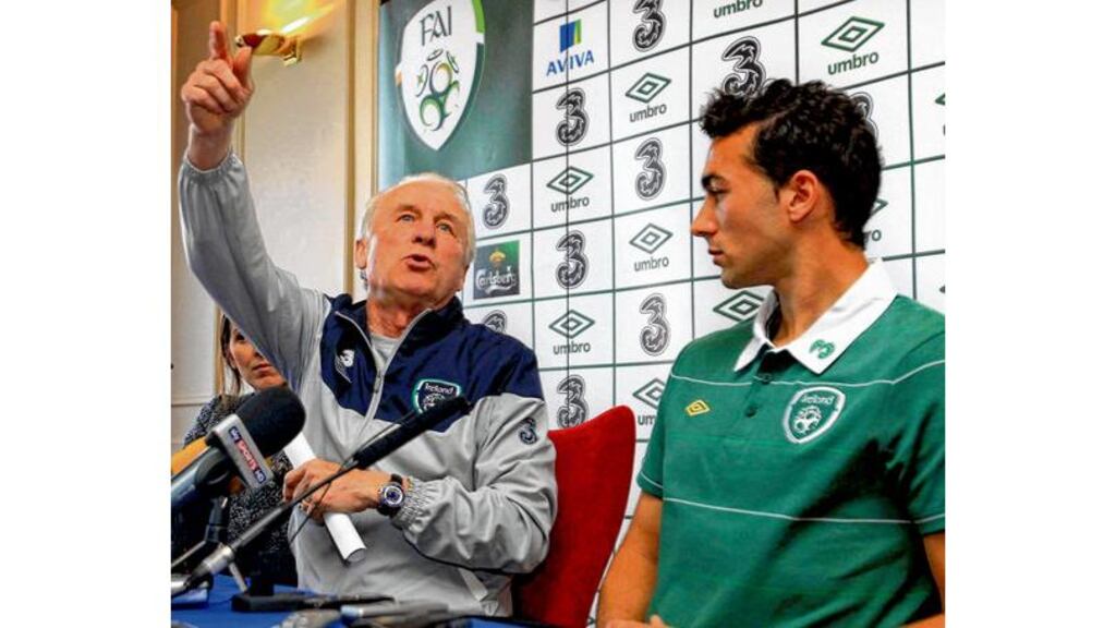 Republic of Ireland manager Giovanni Trapattoni and Stephen Kelly in seemingly happier times together at a Republic of Ireland press conference in March 2011. photograph: donall farmer/inpho