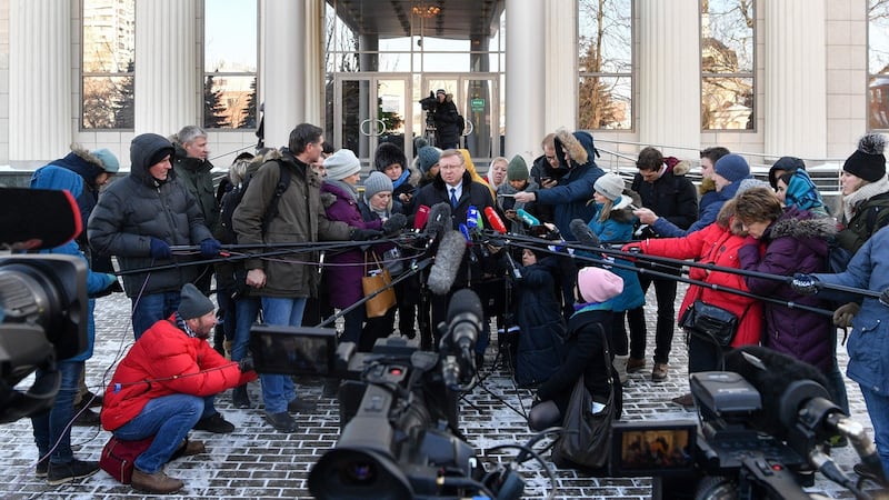 Vladimir Zherebenkov, the lawyer of Paul Whelan, a former US Marine accused of spying, speaks with the media outside the court building in Moscow. Photograph: AFP