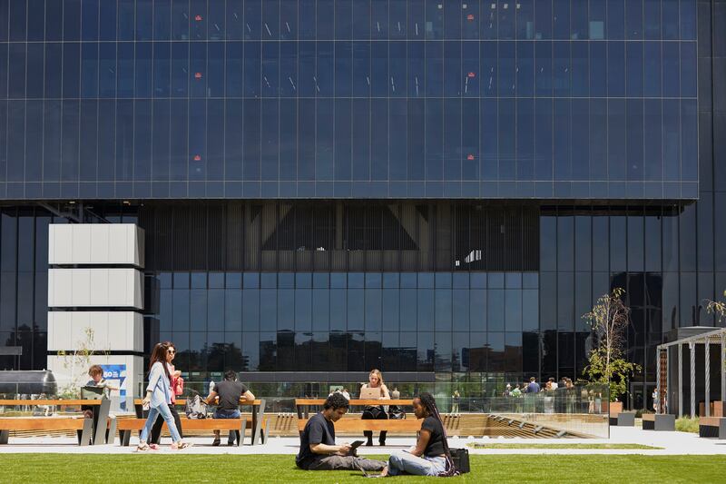 Students at the landmark five-tower vertical campus in central Madrid