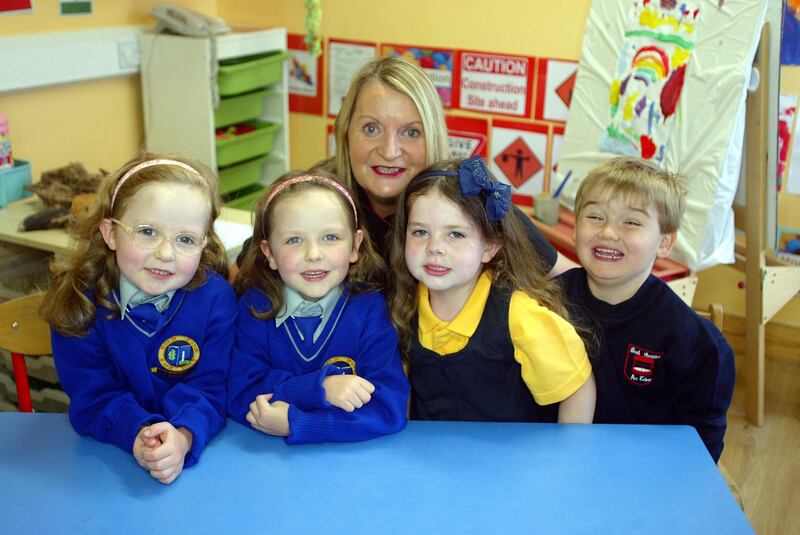 Regina Bushell managing director of Grovelands Chidlcare with Róisín O'Keeffe, Tubberclaire NS; Aoibhín O'Keeffe, Tubberclaire NS; Ella Nohilly, Clonbunny NS; and Charlie Srahan, Tubber NS.