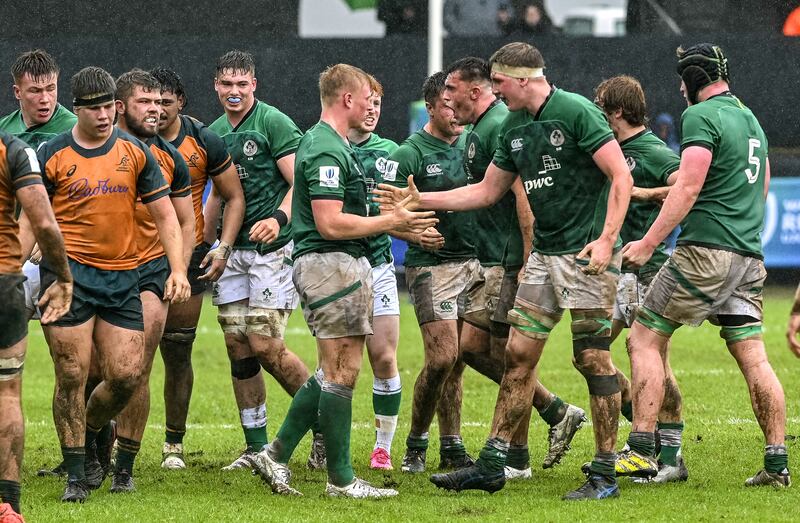 Ireland celebrate at the full-time whistle. Photograph: Darren Stewart/Inpho