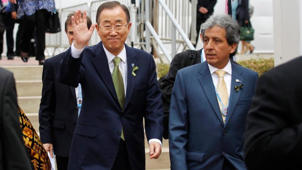 United Nations secretary-general Ban Ki-moon with Peru’s minister of environment Manuel Pulgar Vidal arriving for the opening of the high-level segment of the UN Climate Change Conference in Lima on Tuesday. Photograph: Enrique Castro-Mendivil/Reuters