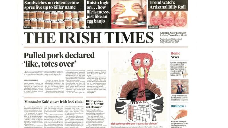 Last year’s Irish Times cover for the Food Month Killer Sandwiches. Design a food-related front page for this year’s sandwich to win a great prize