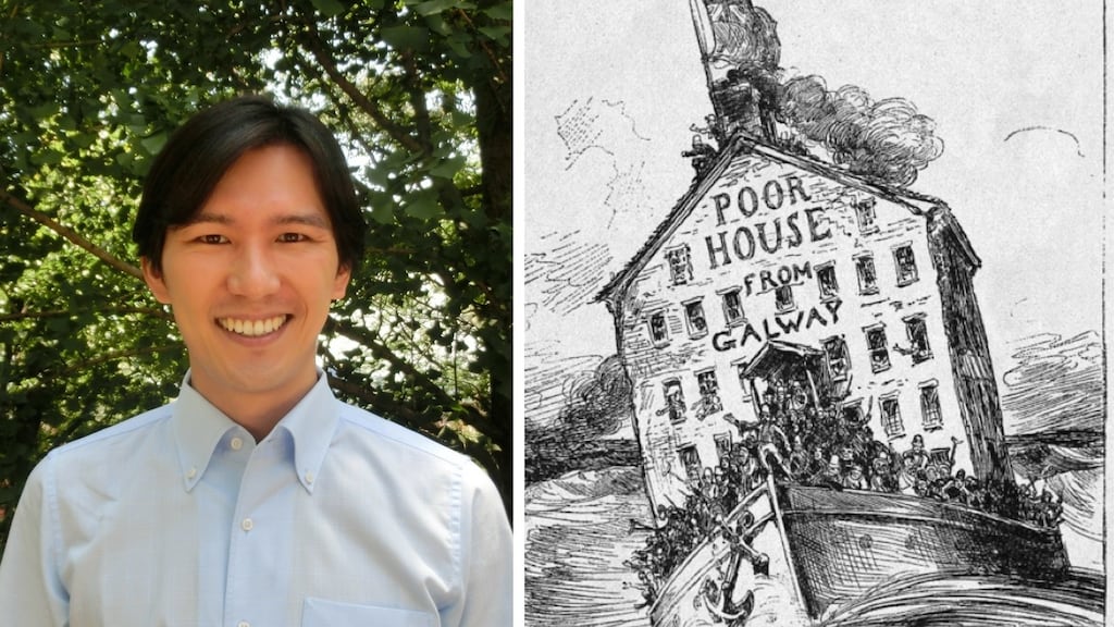 Right: A political cartoon illustration from Harper’s Weekly, by W. A. Rogers. Left: Dr Hidetaka Hirota, postdoctoral researcher in the Society of Fellows at Columbia University.