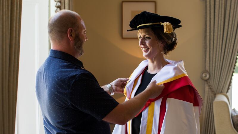 Vicky Phelan with her husband Jim, when she was conferred with an Honorary Doctorate in recognition of her exceptional commitment to improving women’s healthcare in Ireland by the University of Limerick. Photograph: Sean Curtin/True Media.