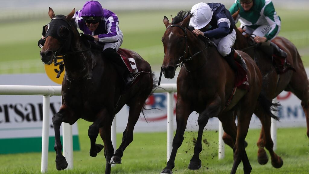 Delphi ridden by Seamie Heffernan (left) wins the Comer Group International Irish St Leger Trial Stakes at Curragh Racecourse, Co. Kildare. Photo: Brian Lawless/PA Wire