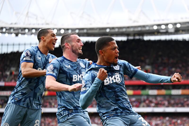 Leon Bailey of Aston Villa (centre) celebrates scoring his team's first goal against Arsenal at Emirates Stadium on Sunday. Photograph: Mike Hewitt/Getty Images