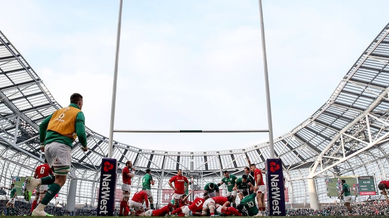 Dan Leavy scores Ireland’s third try againt Wales as Conor Murray and Jonathan Sexton celebrate during the Six Nations match at the Aviva Stadium. Photograph: Inpho
