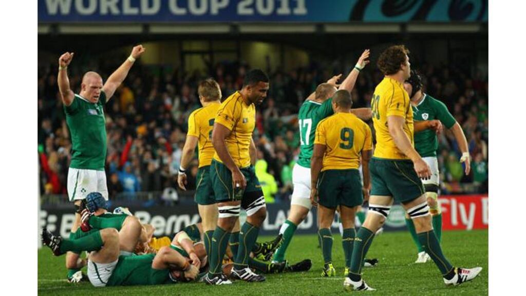 Paul O'Connell (left) of Ireland celebrates victory with his team-mates after their 15-6 triumph over Australia at Eden Park, Auckland. - (Photograph: Cameron Spencer/Getty Images)