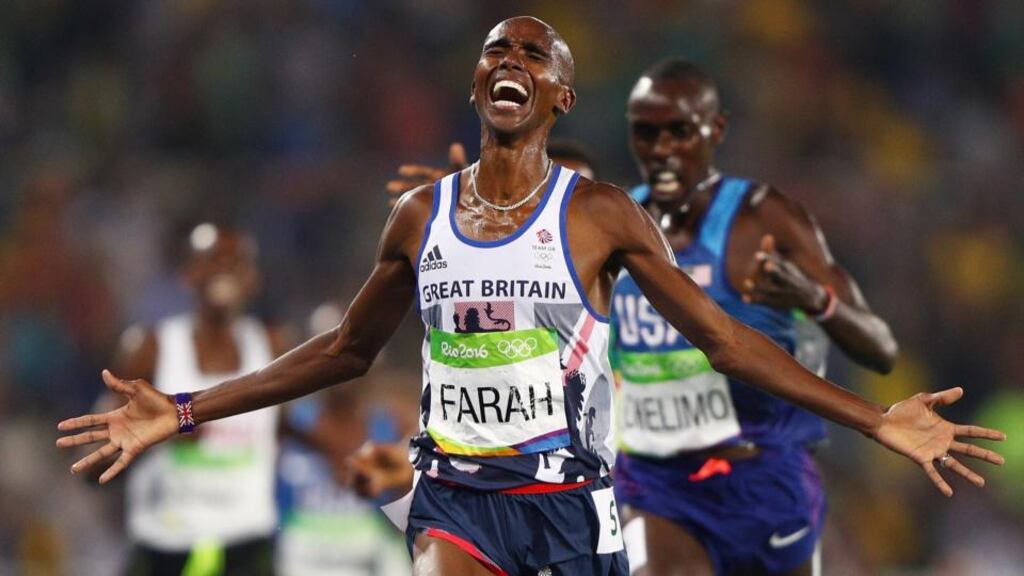 Britain’s Mo Farah  reacts after winning gold in the men’s 5000m final at the Olympic Stadium in Rio. Photograph:   Ian Walton/Getty Images