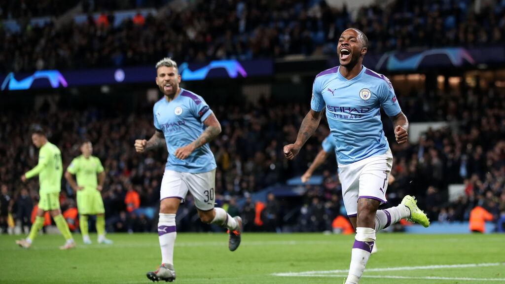 Manchester City’s Raheem Sterling celebrates scoring  during the Champions League match against Dinamo Zagreb at the Etihad Stadium. Photograph:  Nick Potts/PA Wire.