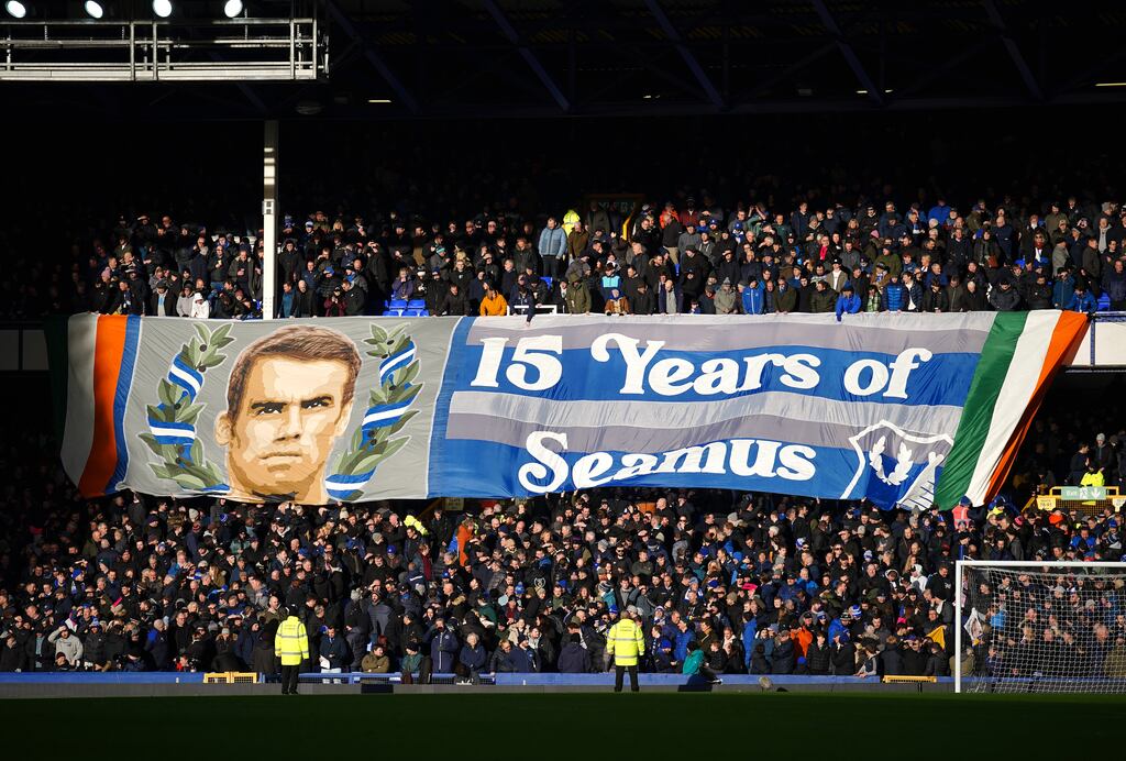 Everton fans unveil a banner for skipper Séamus Coleman in the stands at Goodison Park ahead of the Premier League game against Aston Villa. Coleman became the Everton player with the most Premier League appearances on Sunday. Photograph: Peter Byrne/PA Wire