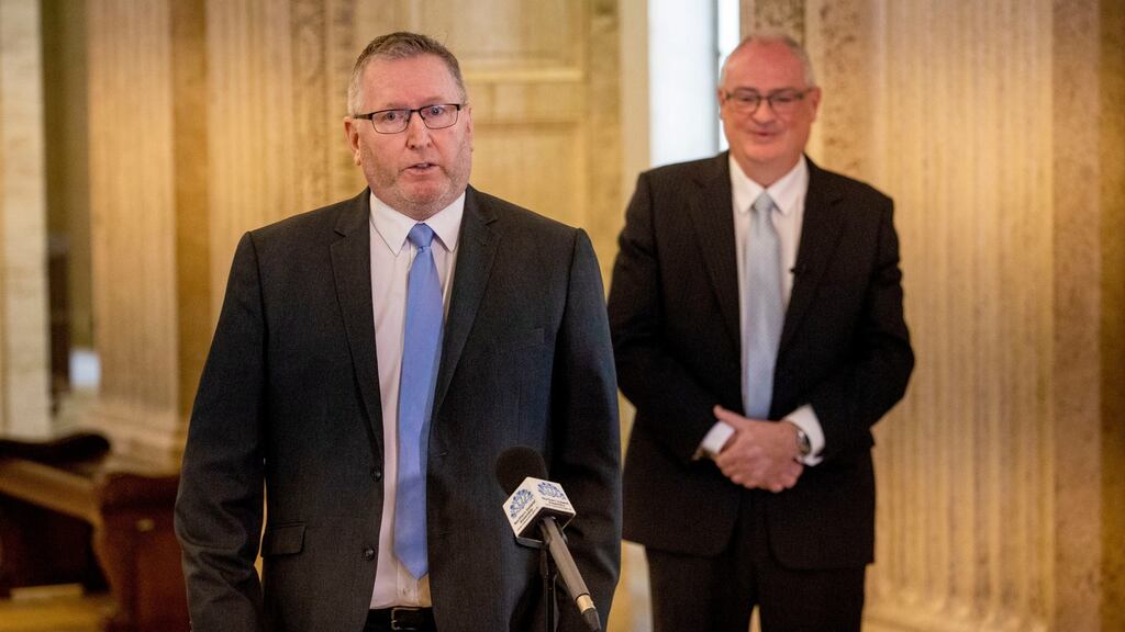 Ulster Unionist Party MLA Doug Beattie (left) during a press conference at Stormont thanking Steve Aiken (right) for his service, after Mr Aiken resigned as leader of the party. Photograph: Liam McBurney/PA Wire