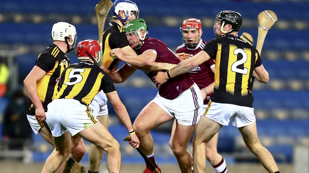 Galway’s Niall Burke is tackled by Kilkenny’s Huw Lawlor in the Leinster hurling final at Croke Park on Saturday. Photograph: Ken Sutton/Inpho