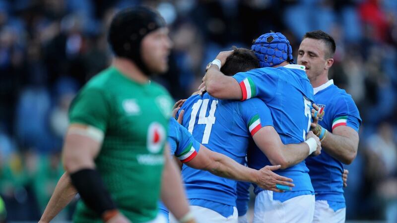 Italy celebrates after scoring the team’s first try during the Six Nations match between Italy and Ireland at Stadio Olimpico in Rome on Sunday. Photograph: Paolo Bruno/Getty Images