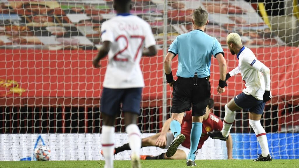 Neymar scores Paris Saint-Germain’s third goal during the Champions League win over Manchester United. PhotoL: Peter Powell/EPA