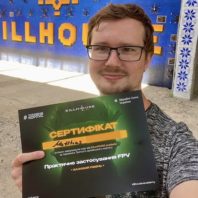 Matthias with his completion certificate. Photograph: Daniel McLaughlin