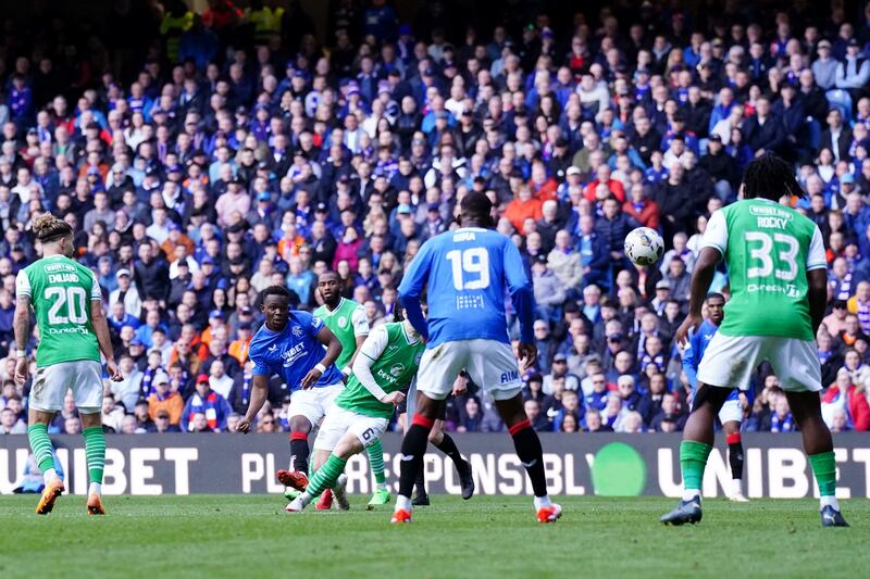 Rabbi Matondo scores Rangers’ late equaliser during the Scottish Premiership game against Celtic at Ibrox Stadium. Photograph: Jane Barlow/PA Wire