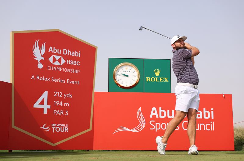 Tyrrell Hatton of England tees off. Photograph: Richard Heathcote/Getty