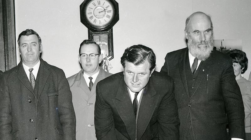 Senator Ted Kennedy signs the visitors’ book at New Ross Town Council in New Ross ,Co. Wexford in 1970 with (right) the then chairman Andy Minihan and Cllrs Paddy Doyle and Russel Jacob. Photograph: PJ Browne