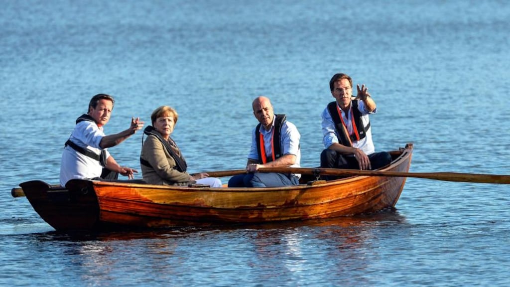British prime minister David Cameron (left), German chancellor Angela Merkel, Swedish prime minister Fredrik Reinfeldt, and Dutch prime minister Mark Rutte take a boat ride ahead of talks. Photograph: Anders Wiklund/EPA