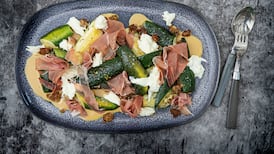 Roasted courgettes with burrata, umami dressing and serrano ham