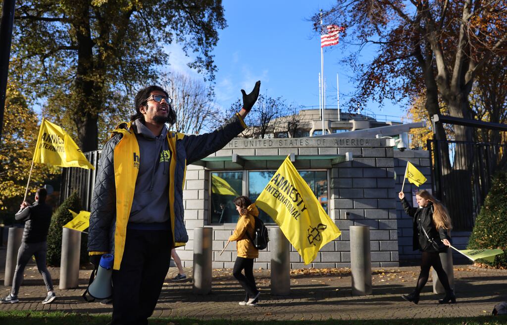 Soham Joshi joins other Amnesty International Ireland staff and activists in calling for an immediate ceasefire in Gaza during a protest outside the US embassy in Ballsbridge, Dublin. Photograph: Dara Mac Dónaill