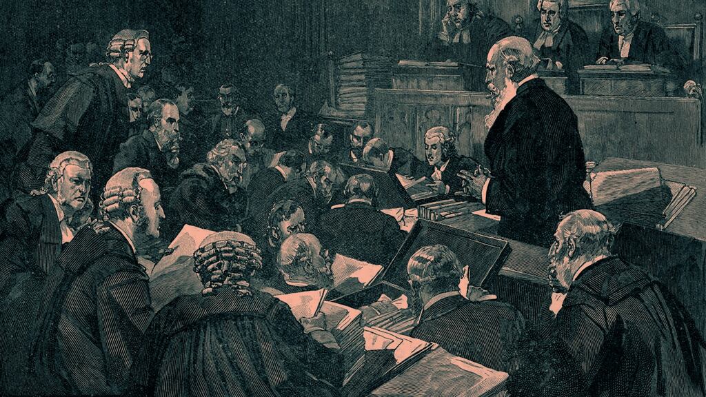 Richard Pigott under cross-examination at the Parnell Commission, 1889, over allegations he made linking Charles Stewart Parnell to the Phoenix Park Murders in 1882. Photograph: Culture Club/Getty Images