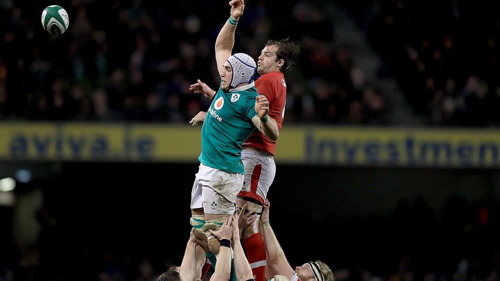 Ireland’s Ultan Dillane with Brett Beukeboom of Canada during the Autumn Test at the Aviva Stadium. Photo: Donall Farmer/Inpho