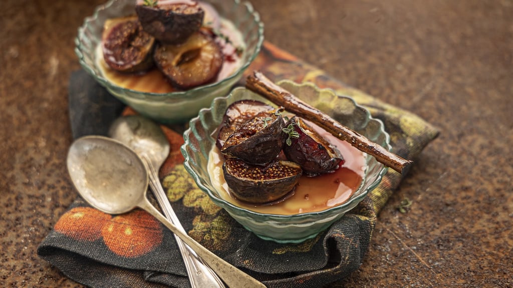 Orange panna cotta, roasted figs, plums and thyme