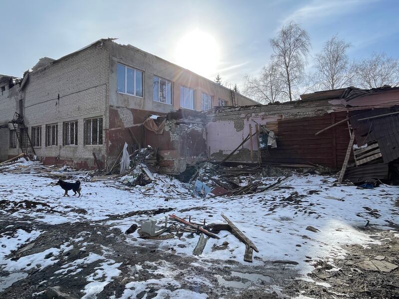 A building in Chkalovske village in eastern Ukraine that was hit by Russian S-300 missiles last August, almost a year after it was deoccupied. Photograph: Daniel McLaughlin