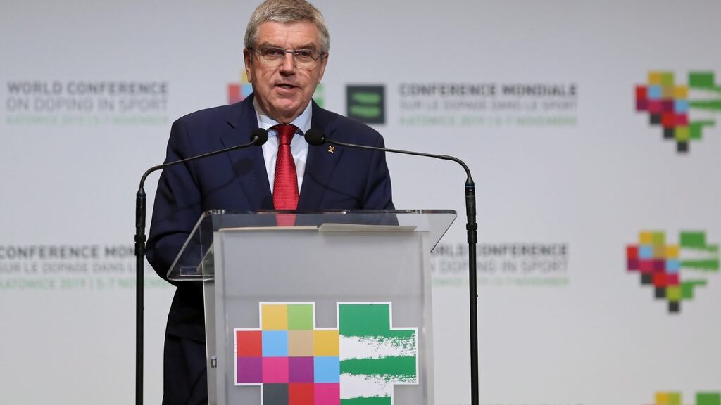 International Olympic Committee president Thomas Bach addresses the opening session of the fifth World Anti-Doping Agency world conference on doping in Katowice, Poland. Photograph: Andrzej Grygiel/EPA