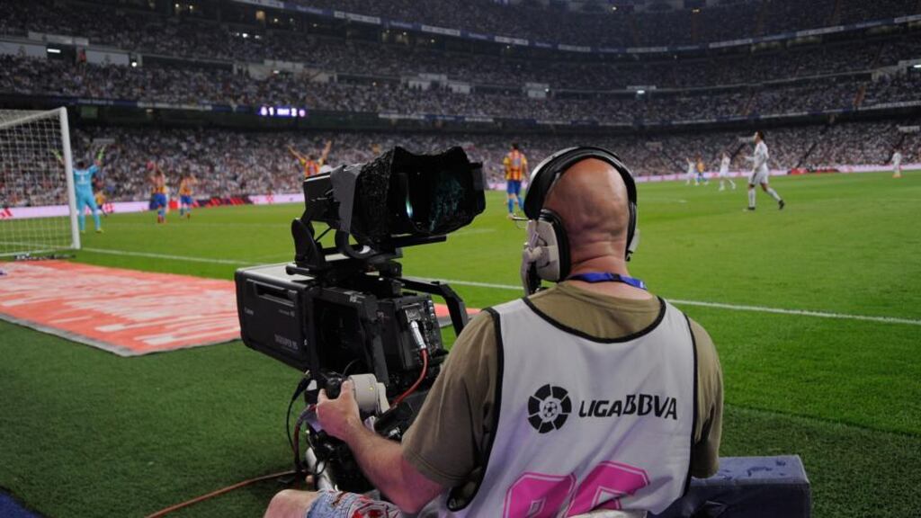 A camera operator at the La Liga match between Real Madrid and Valencia at the Estadio Santiago Bernabeu. The players union have called an indefinite strike on May 16th over disagreements on how revenue from a proposed new law will be divided amongst top teams and lower leagues in Spain. Photo: Denis Doyle/Getty Images