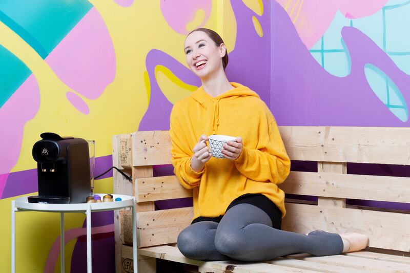 Pic: Irish ballerina Niamh O’Flannagain takes a break from rehearsals to enjoy a L’Or Barista Sublime flat white at Fade Street Studios