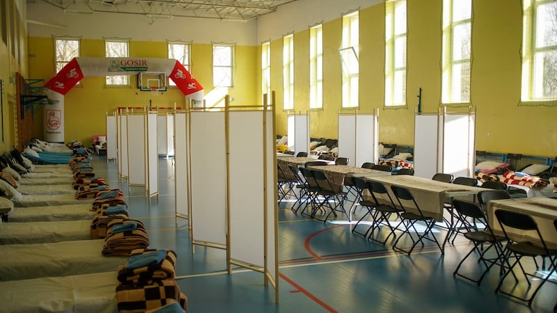 A sports hall has been converted into a refugee center in Piaseczno and can temporarily house 50 Ukranians. Photograph: Enda O’Dowd