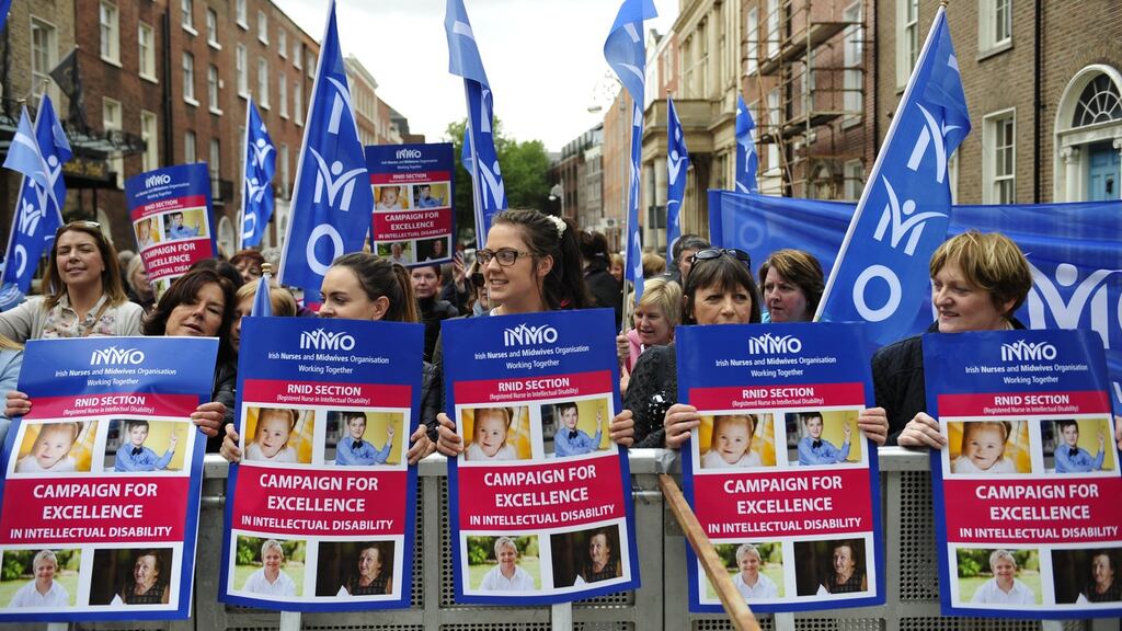 Members of the Irish Nurses and Midwives Organisation protesting last month outside Leinster House. Photograph: Aidan Crawley