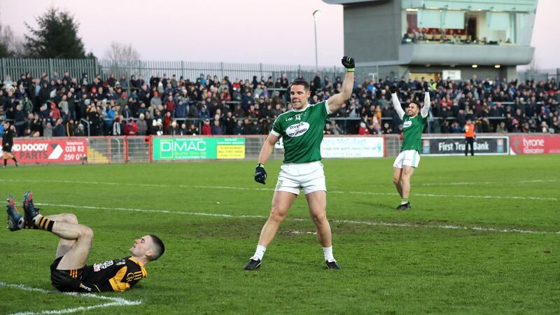 Gweedore’s Caoimhín Ó Casaide celebrates scoring. Photograph: Declan Roughan/Inpho