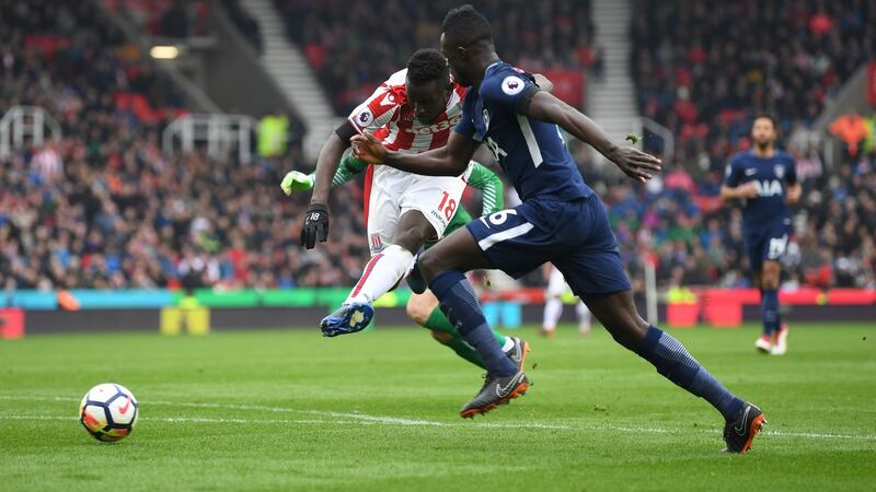 Mame Biram Diouf equalises for Stoke against Spurs. Photograph: Gareth Copley/Getty