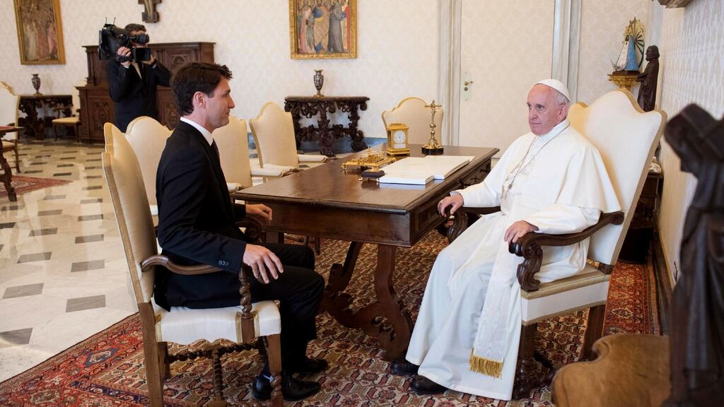 Canadian prime minister Justin Trudeau meets Pope Francis at the Vatican on Monday. Photograph: L’Osservatore Romano/Pool Photo/AP