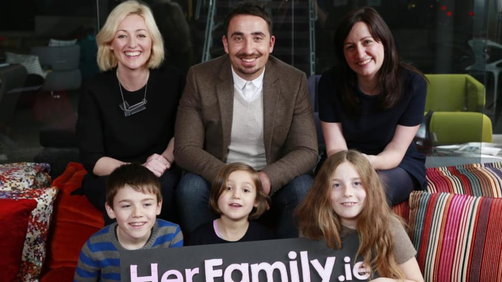HerFamily.ie editor Sive O’Brien (back left) with Maximum Media chief executive Niall McGarry, managing director Katie Molony and younger helpers Seán Keating (front left), Juno O’Brien and Molly Keating. Photograph: Conor Healy