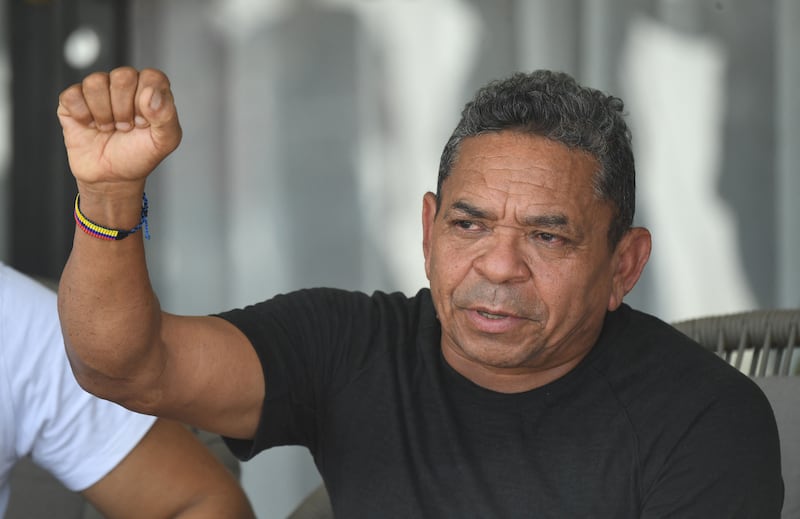 Luis Manuel Diaz, father of Liverpool's forward Luis Diaz, gestures during a press conference at his house in Barrancas, Colombia, after being freed by the  ELN guerrilla group. Photograph: Daniel Munoz/AFP via Getty Images