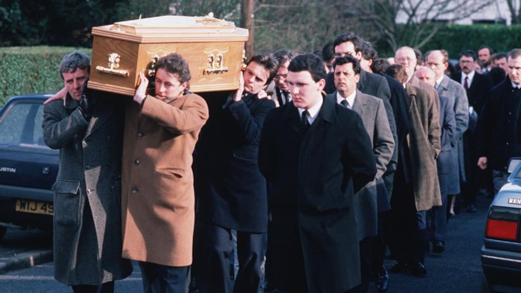 Mourners at the funeral of murdered Belfast solicitor Pat Finucane in January 1989. Photograph: Pacemaker