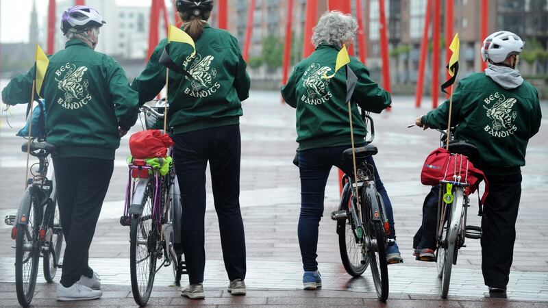 The Bee Bandits cycle in Dublin city centre. Photograph: Aidan Crawley