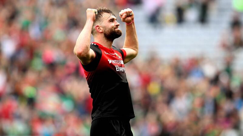 Mayo’s Aidan O’Shea celebrates at the final whistle after the semi-final victory over Kerry. These Mayo players have a wealth of big-game experience. Photograph: Ryan Byrne/Inpho