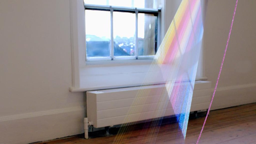 An installation built up from tightly spaced bands of coloured thread from Mark Garry’s exhibition A Winter Light at Sligo’s Model gallery.