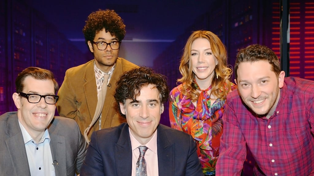 The Fake News Show team: Stephen Mangan (centre) hosts with, from left, Richard Osman, Richard Ayoade , Katherine Ryan and Jon Richardson
