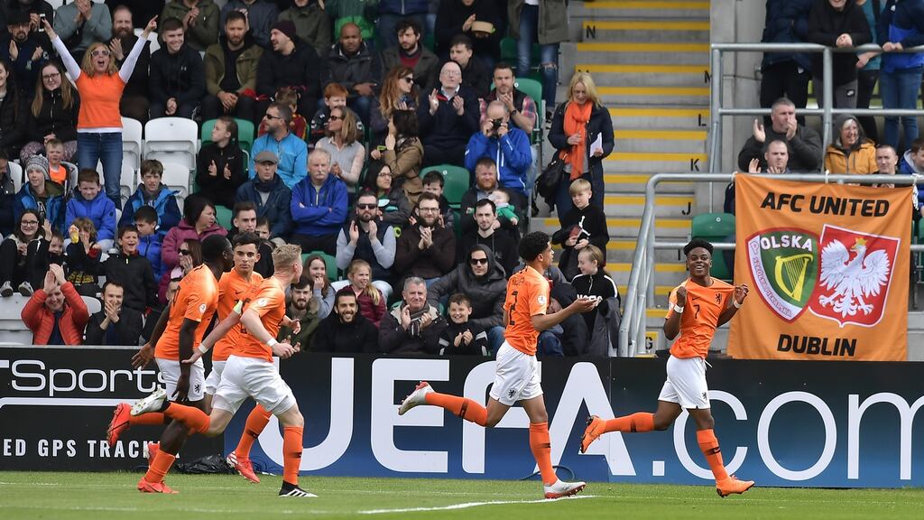 Netherlands striker Sontje Hansen celebrates after scoring during the 2019 Uefa U17 European Championship final against Italy at Tallaght Stadium on May 19th, 2019 in Tallaght. Photograph: Charles McQuillan/Getty Images