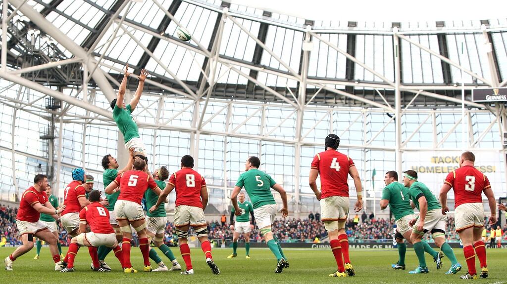 Ireland’s Tommy O’Donnell wins a lineout during the Ireland-Wales Six Nations clash at the Aviva Stadium on Sunday. Photograph: Colm O’Neill/Inpho
