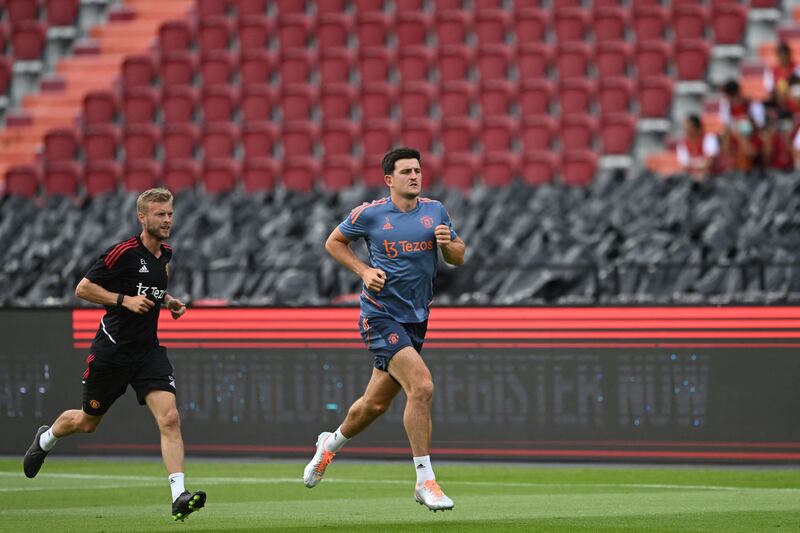 Manchester United defender Harry Maguire takes part in a training session at Rajamangala National Stadium in Bangkok ahaead of the friendly against Liverpool on Tuesday in the Thai capital. Photograph: Manan Vatsyayana/AFP via Getty Images
